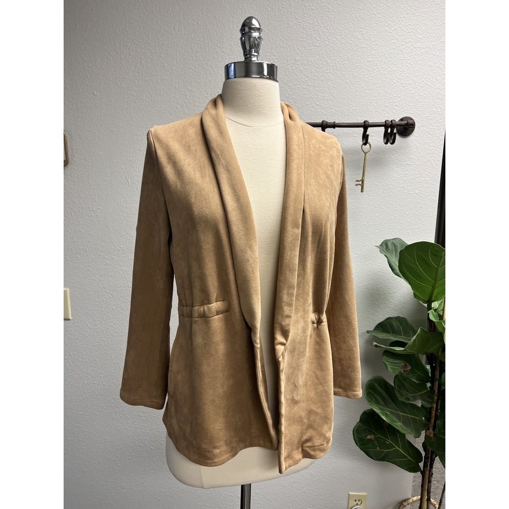 Blank NYC‎ Camel Vegan Suede Open Front Jacket Size M Cinched Waist Lightweight